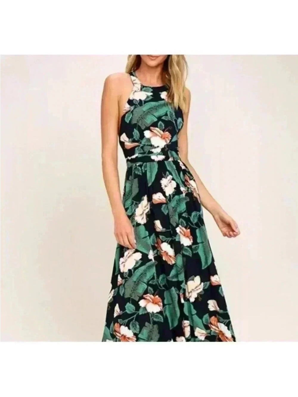 Lulu's Black Halter Floral Maxi Dress with Green Leaves